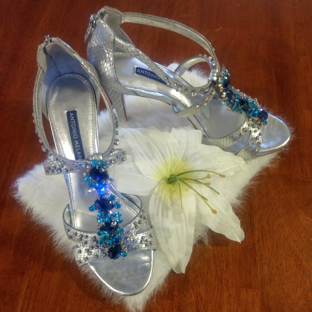Antonio Melani Silver Snakeskin Rhinestone Heels